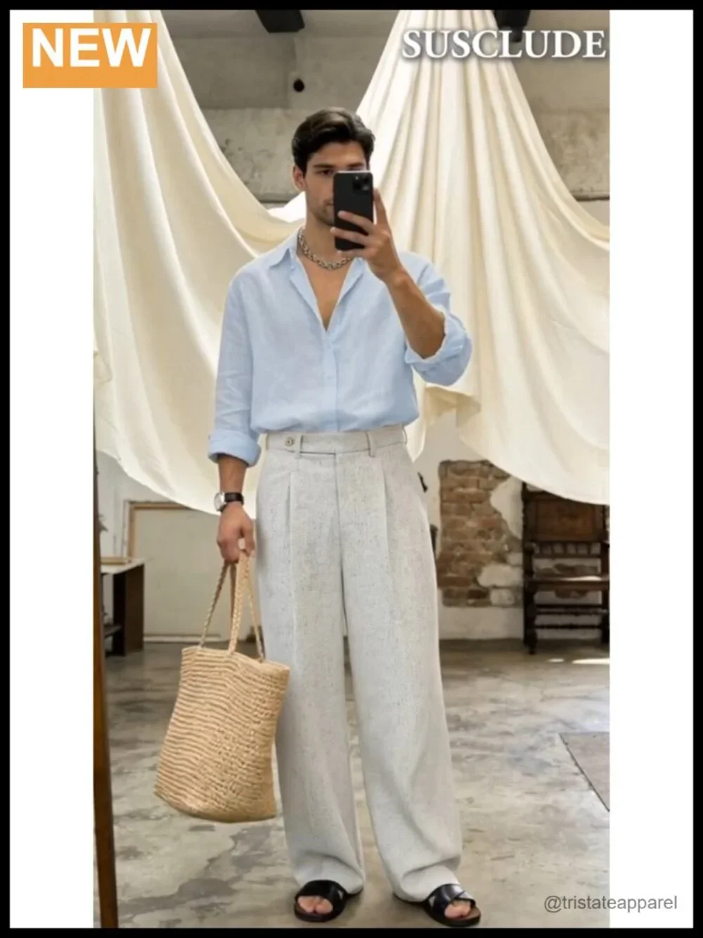 Baggy Pleated Wide Leg Linen Dress Pants Elastic Waist Slacks
